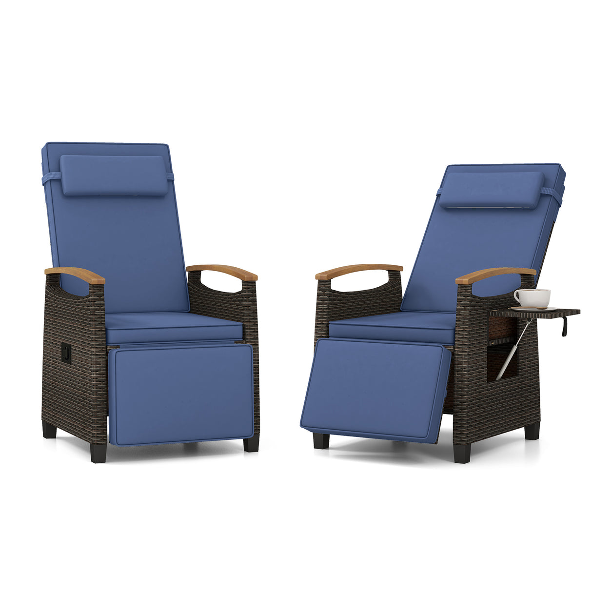 Patio Wicker Recliner Chair with Adjustable Backrest and Footrest-Navy