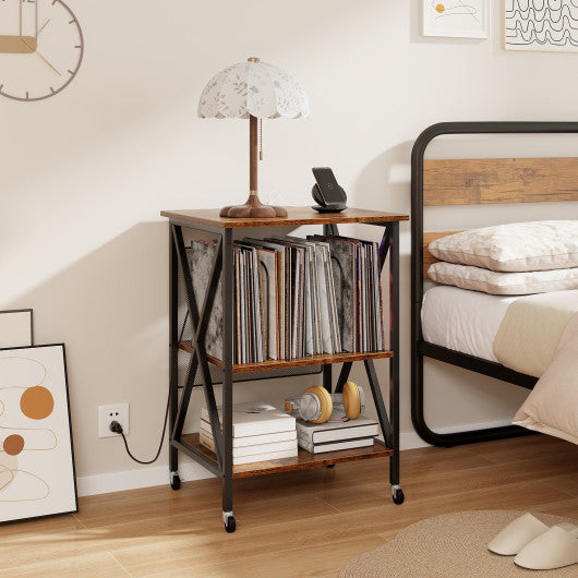 Mid-Century Record Player Stand with Built-in Charging Station-Rustic Brown
