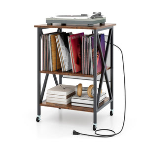 Mid-Century Record Player Stand with Built-in Charging Station-Rustic Brown