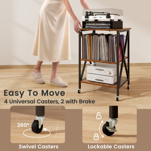 Mid-Century Record Player Stand with Built-in Charging Station-Rustic Brown