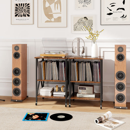 Mid-Century Record Player Stand with Built-in Charging Station-Rustic Brown