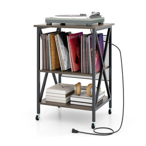 Mid-Century Record Player Stand with Built-in Charging Station-Gray