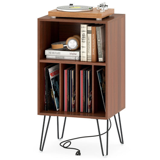 Record Player Stand with Charging Station Turntable Stand with Vinyl Storage-Walnut