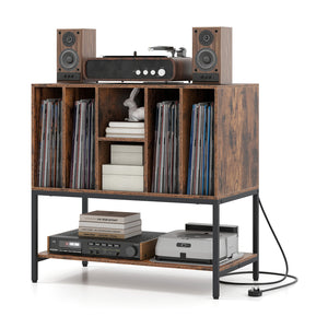 Record Player Stand with Charging Station and Metal Frame-Rustic Brown