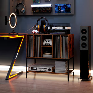 Record Player Stand with Charging Station and Metal Frame-Rustic Brown