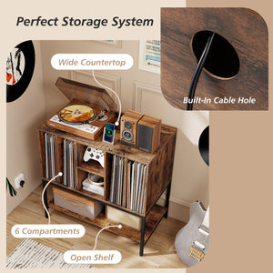 Record Player Stand with Charging Station and Metal Frame-Rustic Brown