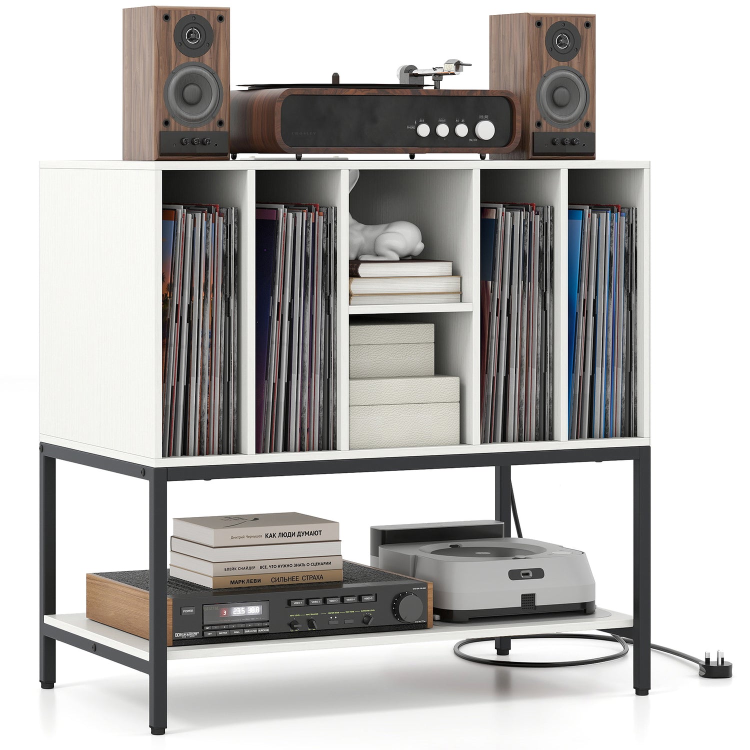 Record Player Stand with Charging Station and Metal Frame-White