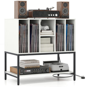 Record Player Stand with Charging Station and Metal Frame-White