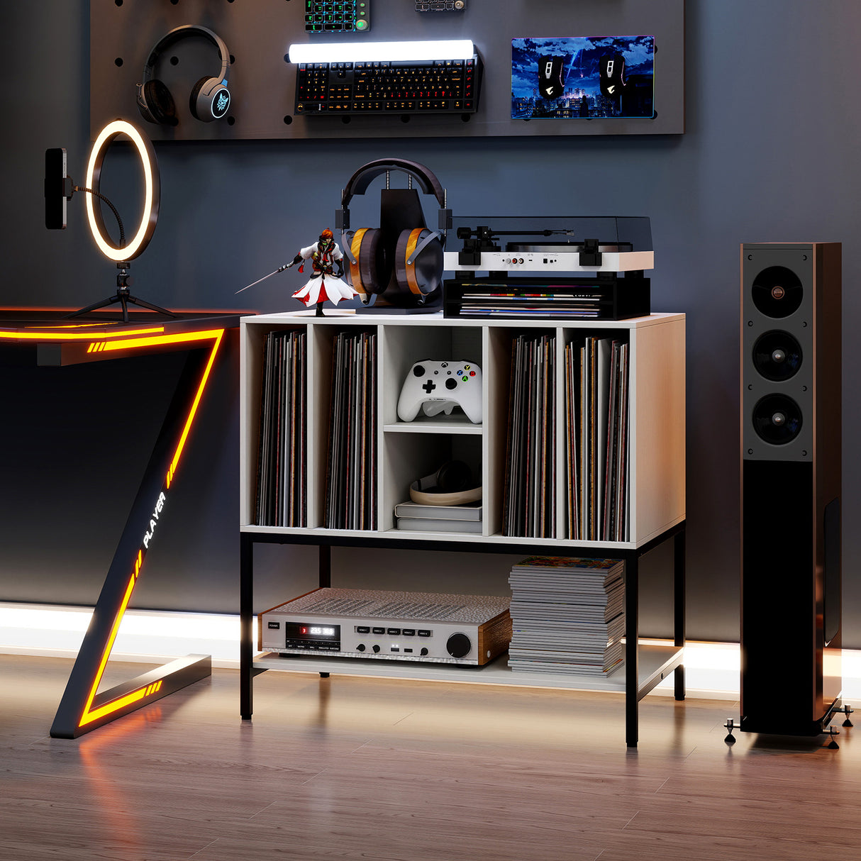 Record Player Stand with Charging Station and Metal Frame-White