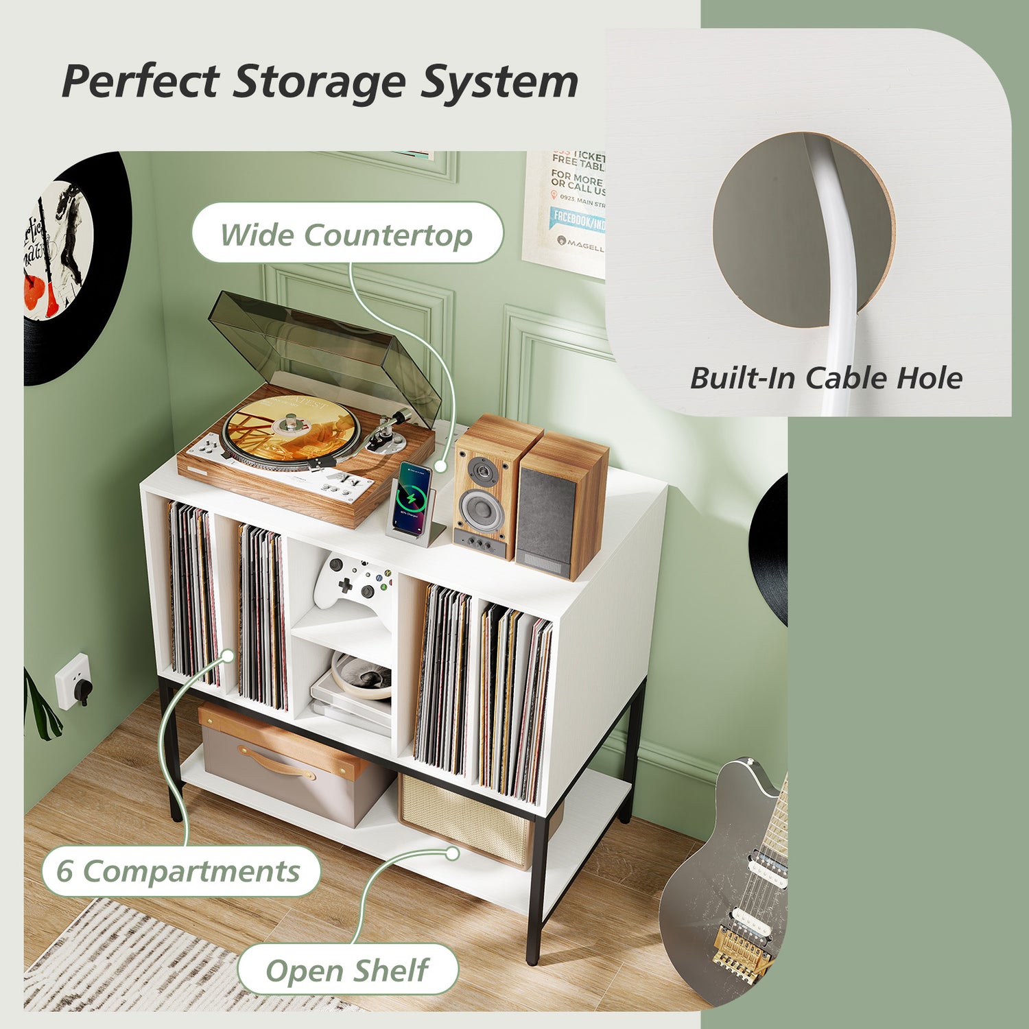 Record Player Stand with Charging Station and Metal Frame-White
