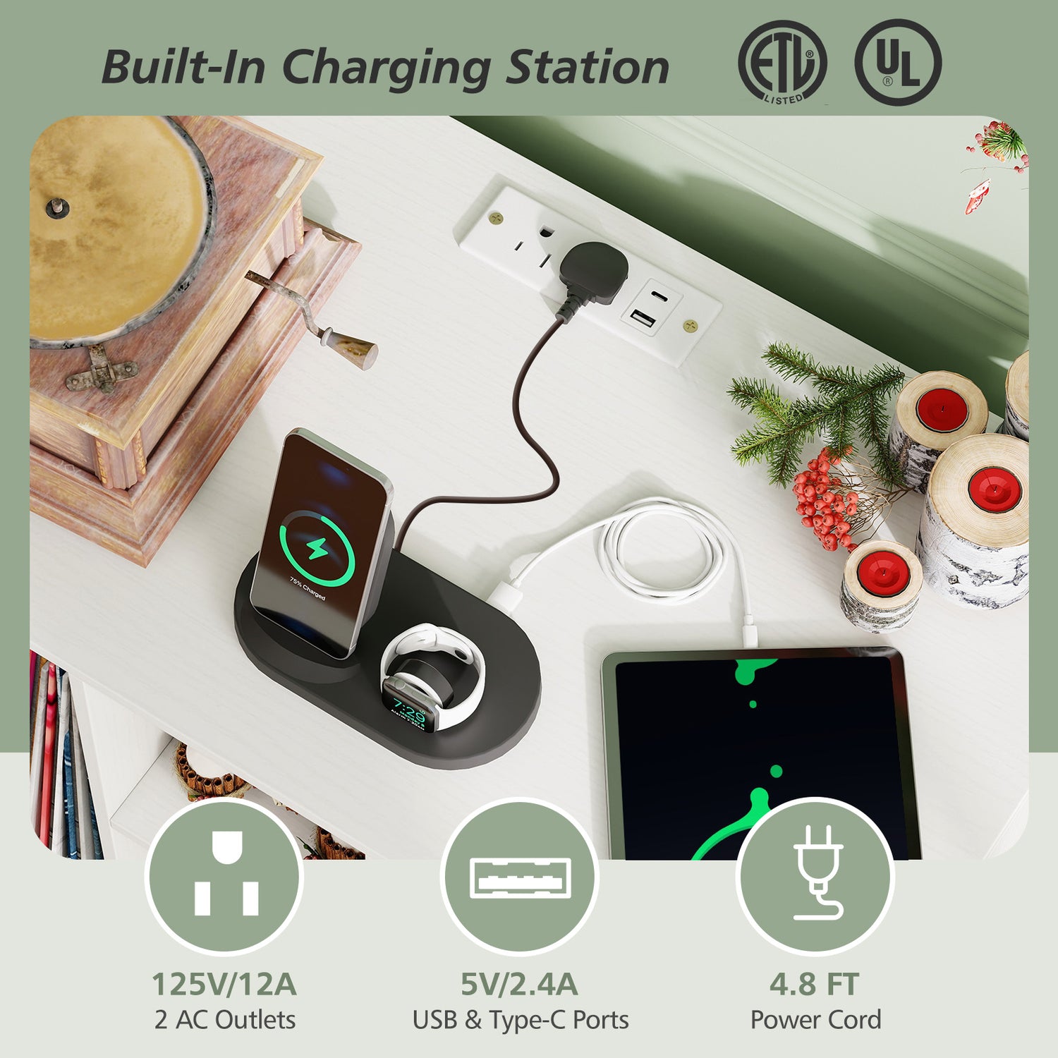 Record Player Stand with Charging Station and Metal Frame-White