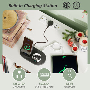 Record Player Stand with Charging Station and Metal Frame-White