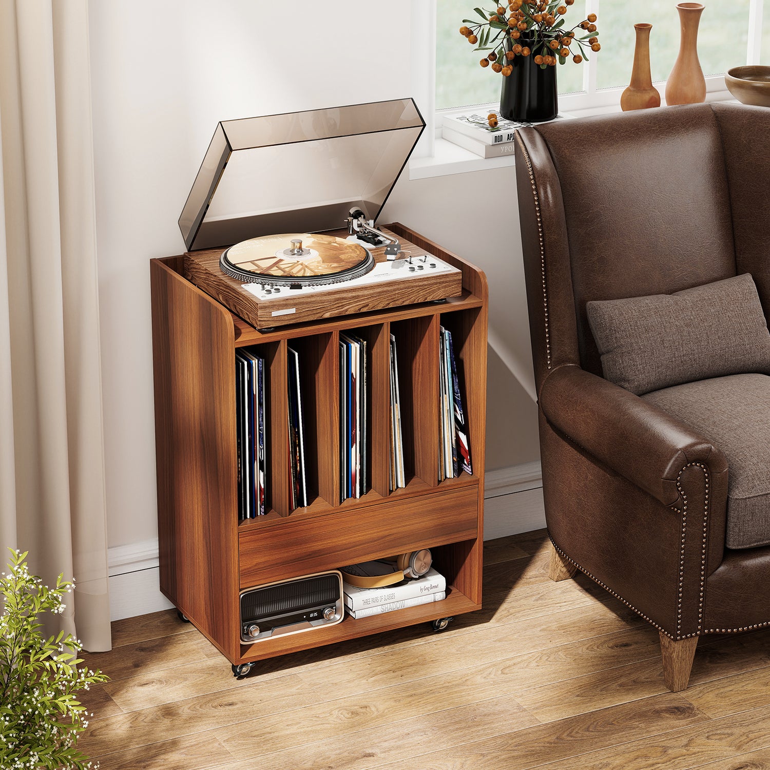 Record Player Stand Turntable Stand with Drawer and Record Holder-Walnut
