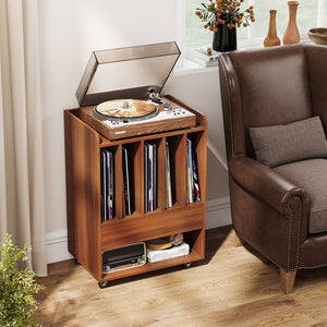 Record Player Stand Turntable Stand with Drawer and Record Holder-Walnut