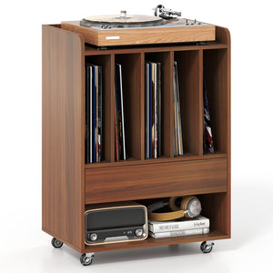 Record Player Stand Turntable Stand with Drawer and Record Holder-Walnut