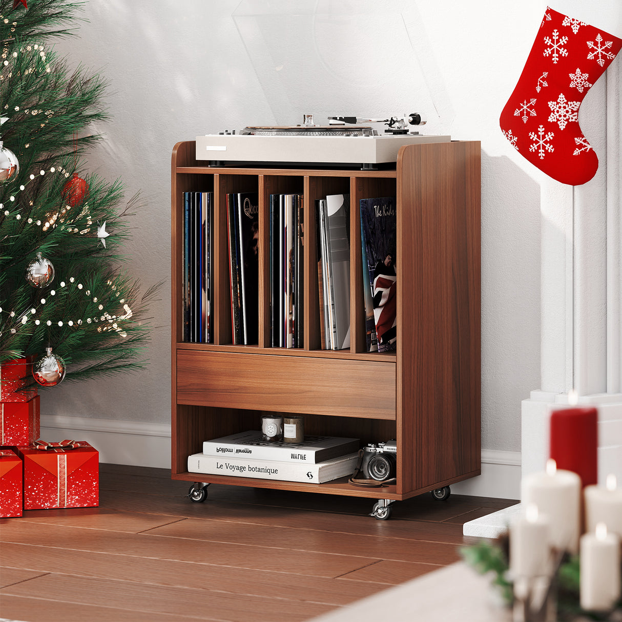 Record Player Stand Turntable Stand with Drawer and Record Holder-Walnut