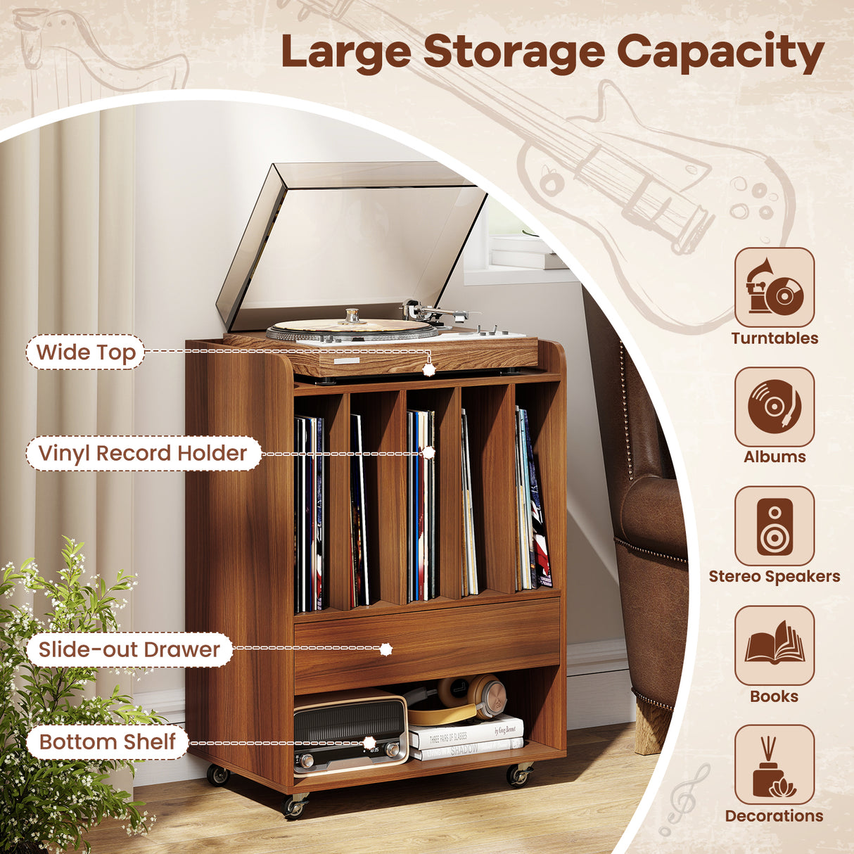 Record Player Stand Turntable Stand with Drawer and Record Holder-Walnut