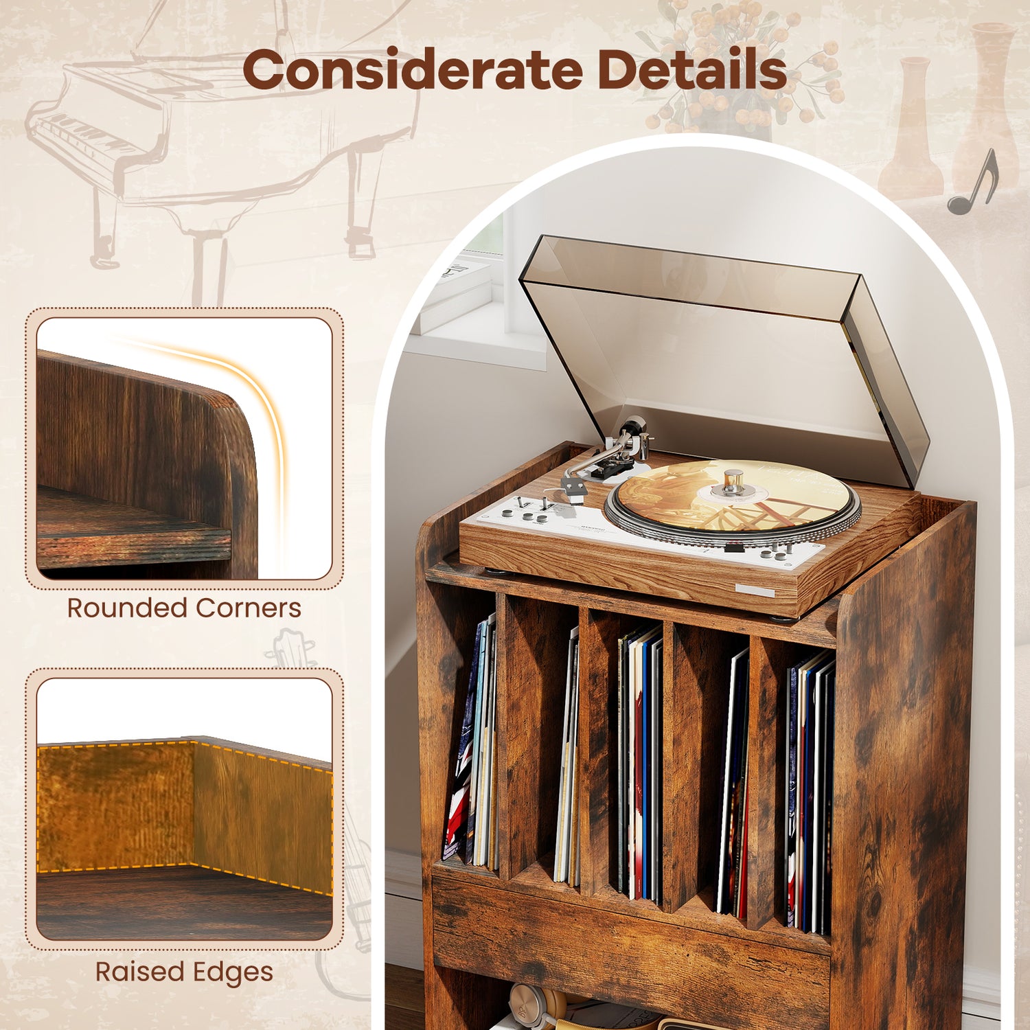 Record Player Stand Turntable Stand with Drawer and Record Holder-Brown