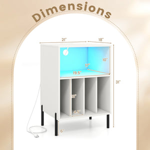 Record Player Stand with LED Light and Charging Station-White