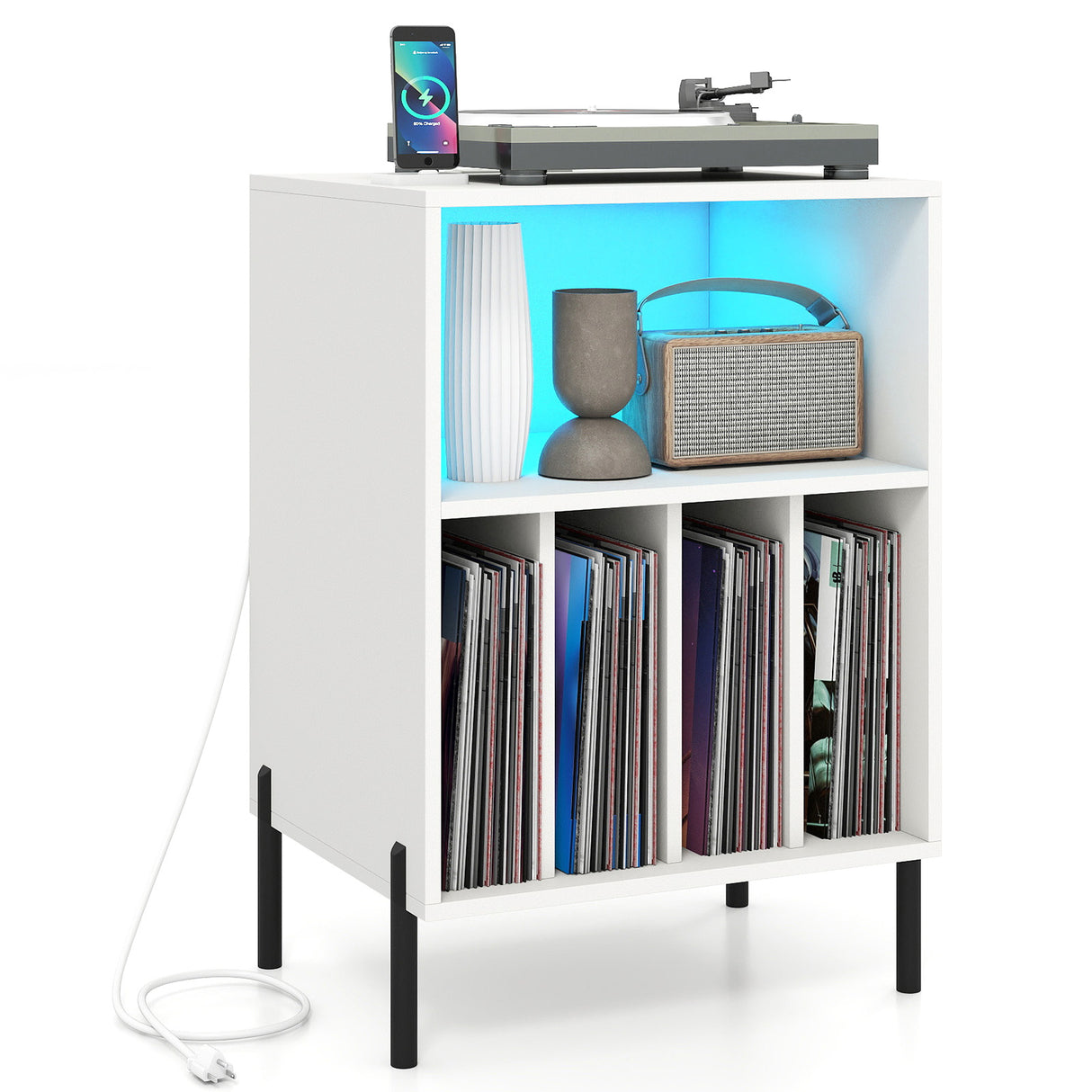Record Player Stand with LED Light and Charging Station-White