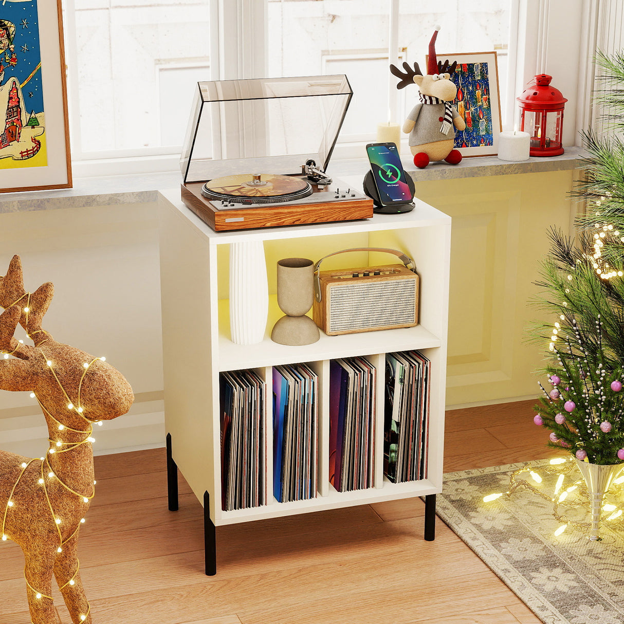 Record Player Stand with LED Light and Charging Station-White