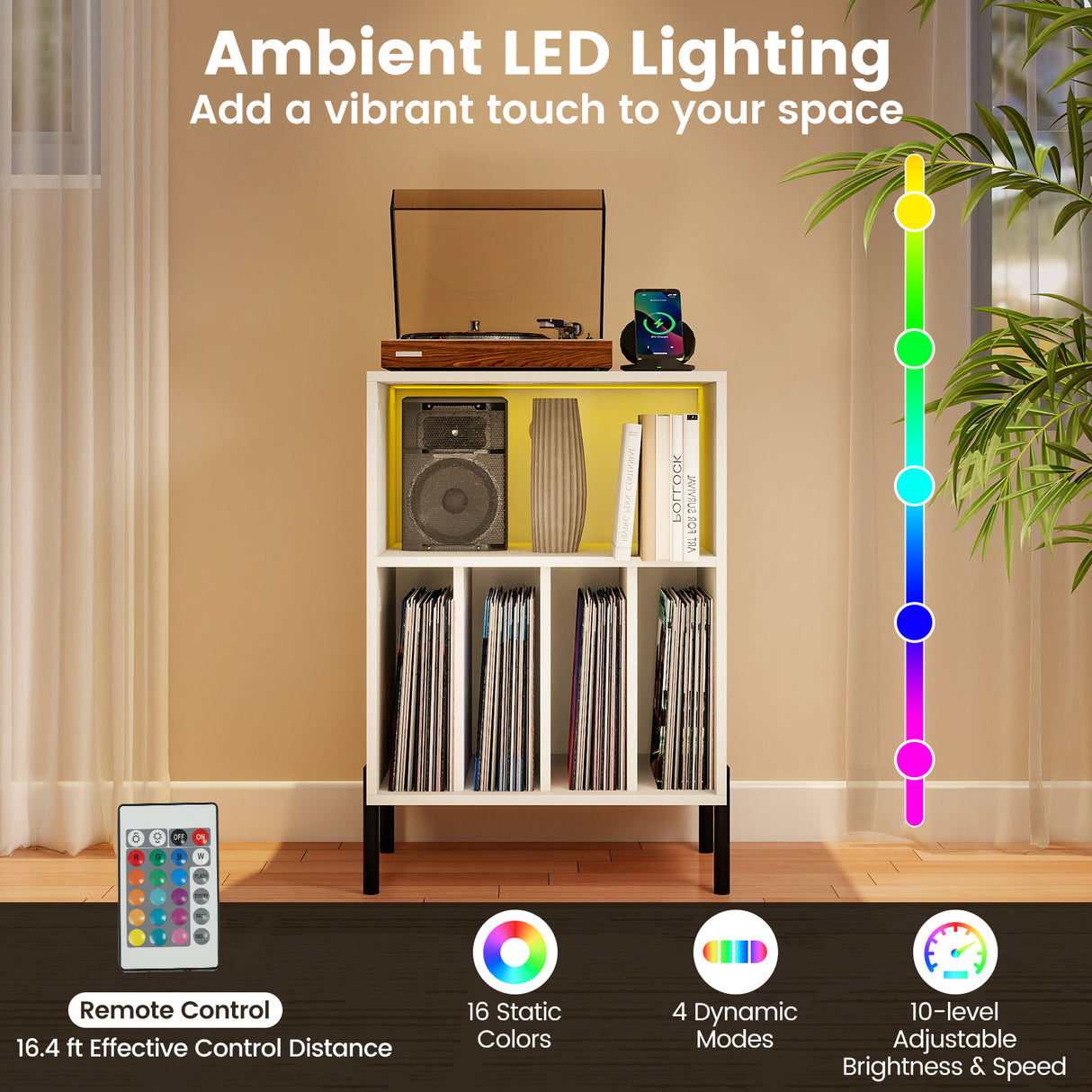 Record Player Stand with LED Light and Charging Station-White