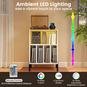 Record Player Stand with LED Light and Charging Station-White