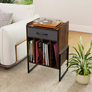 Record Player Stand with Drawer and Record Holder-Rustic Brown