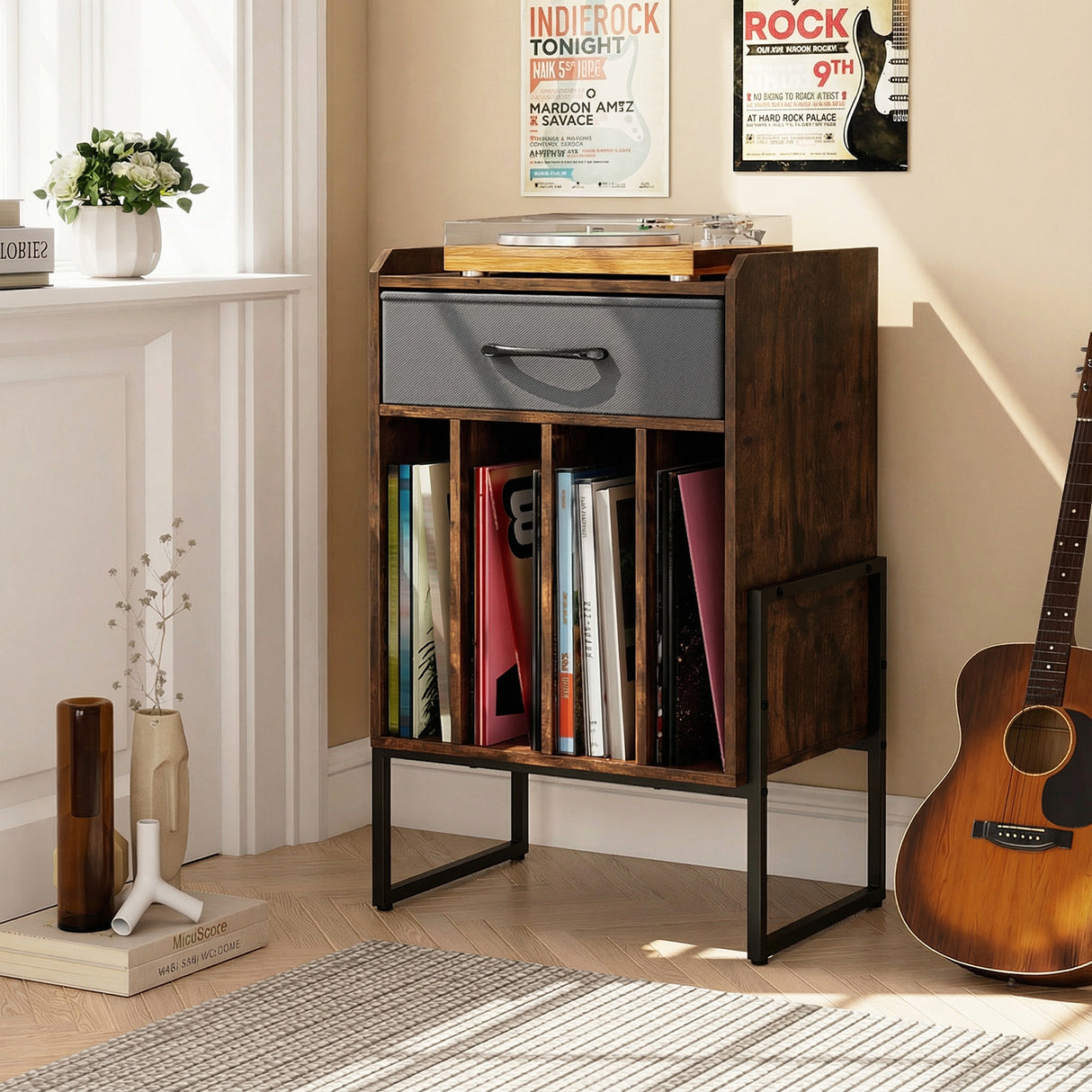 Record Player Stand with Drawer and Record Holder-Rustic Brown