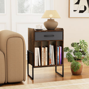 Record Player Stand with Drawer and Record Holder-Rustic Brown