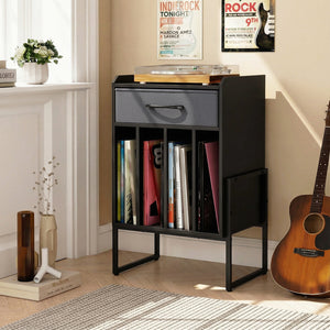 Record Player Stand with Drawer and Record Holder-Black