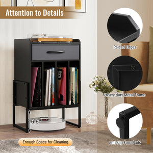 Record Player Stand with Drawer and Record Holder-Black