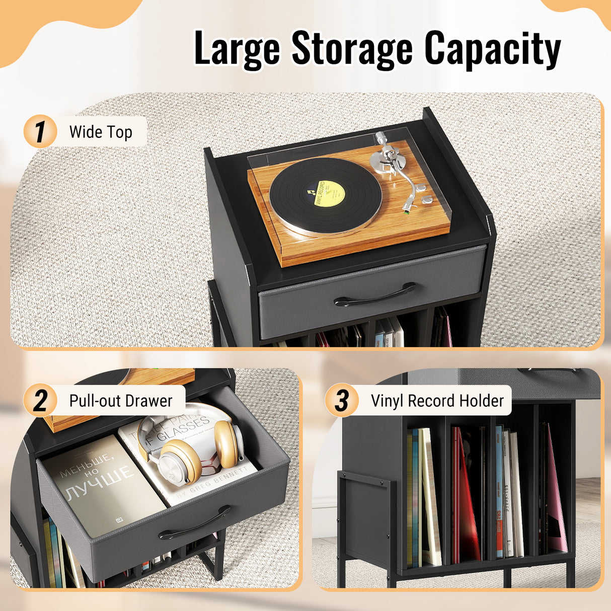 Record Player Stand with Drawer and Record Holder-Black