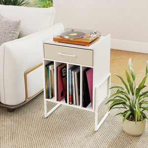 Record Player Stand with Drawer and Record Holder-White
