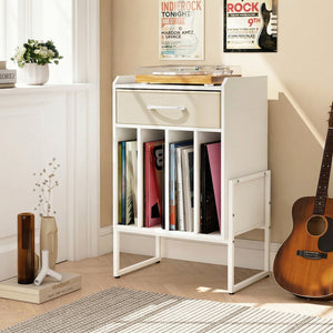 Record Player Stand with Drawer and Record Holder-White