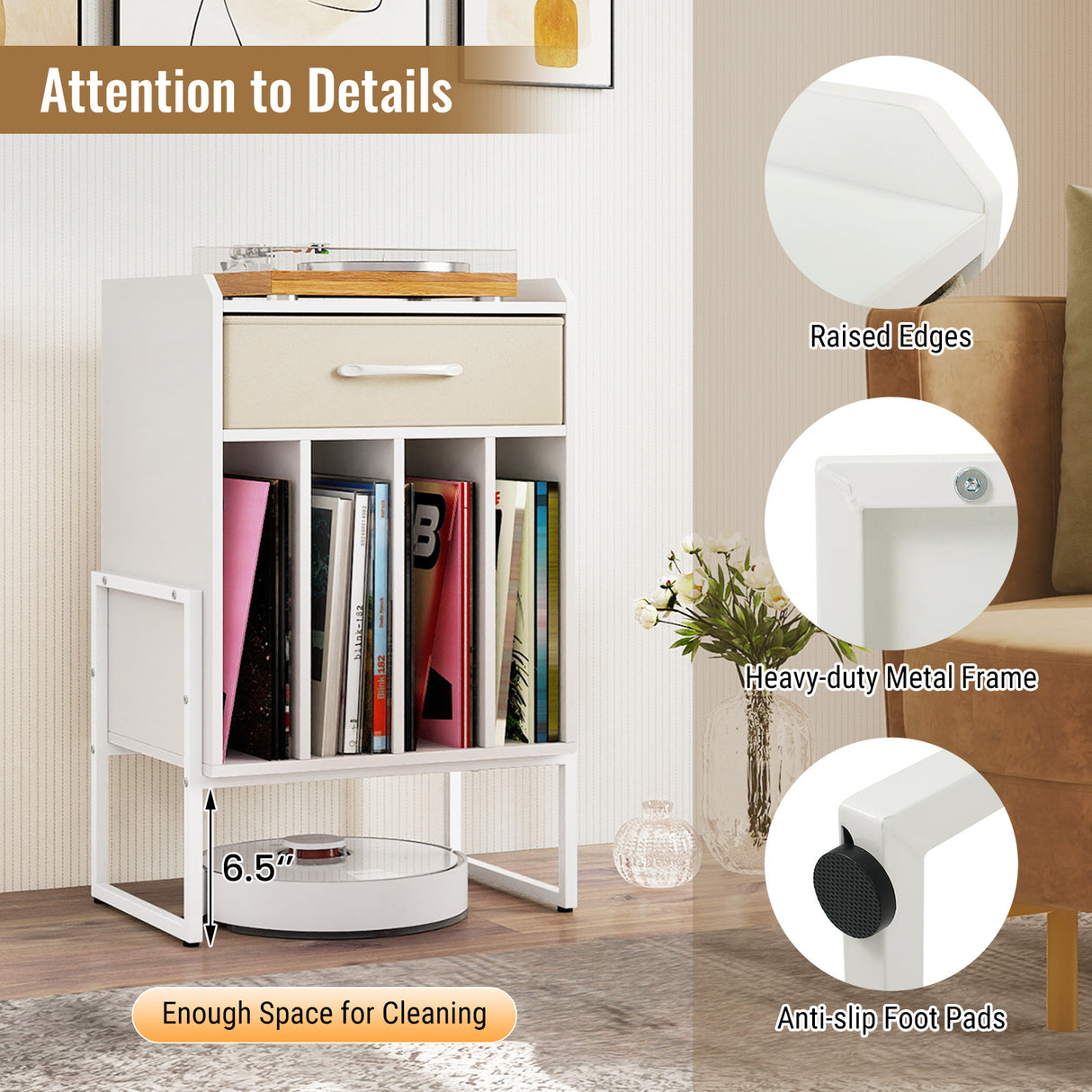 Record Player Stand with Drawer and Record Holder-White