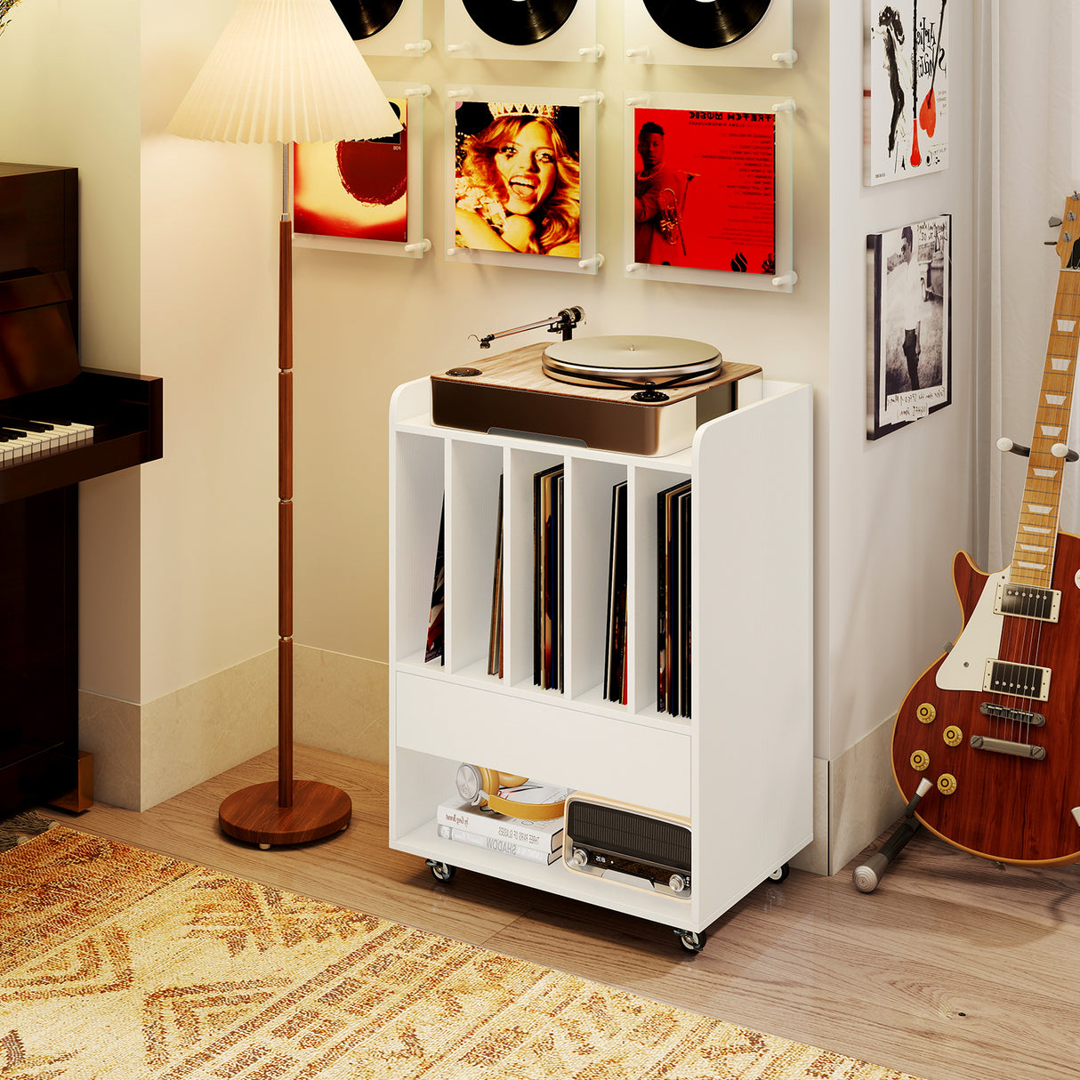 Record Player Stand Turntable Stand with Drawer and Record Holder-White