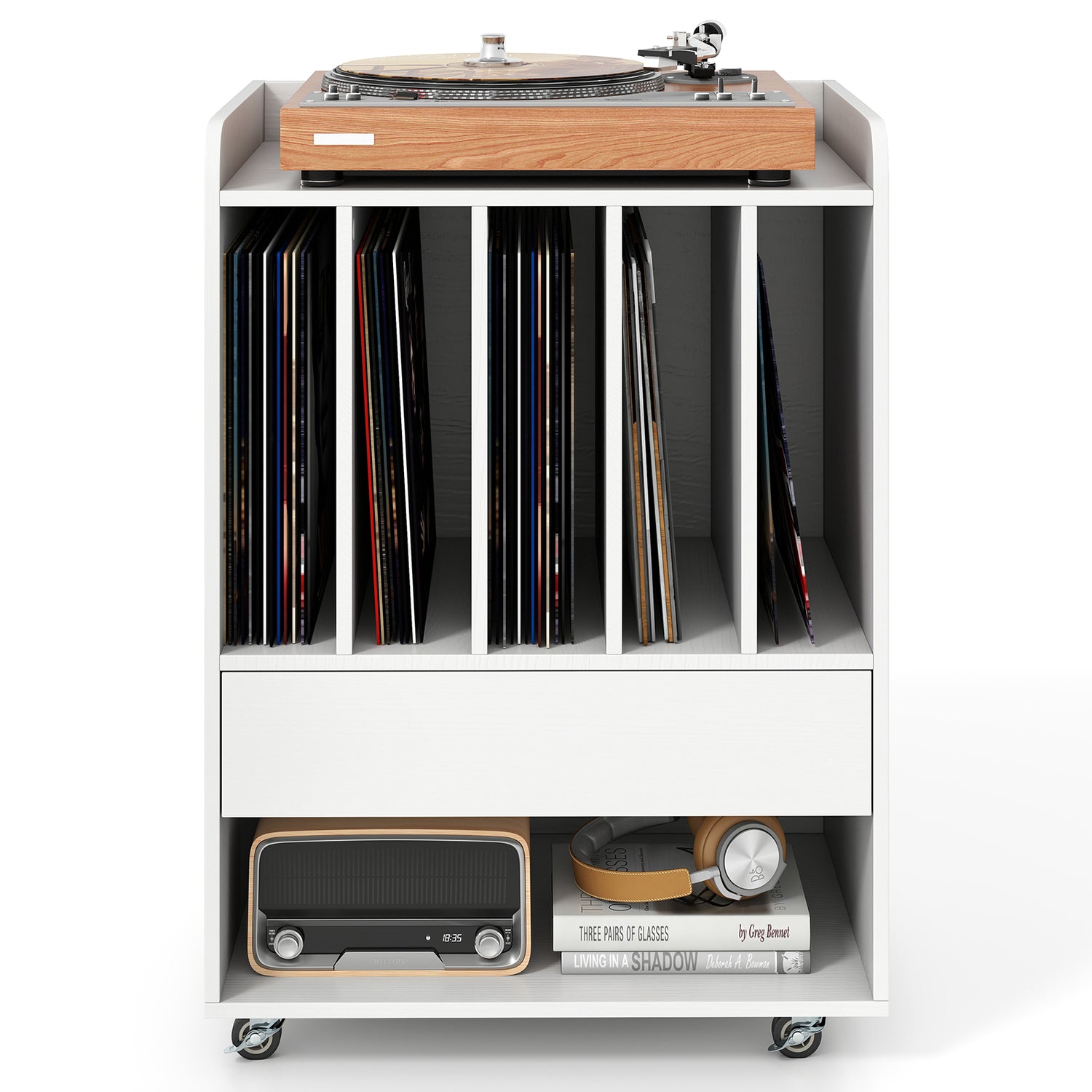 Record Player Stand Turntable Stand with Drawer and Record Holder-White