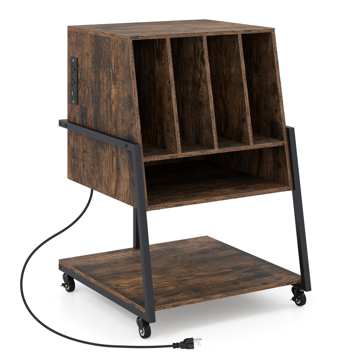 Record Player Stand on Wheels Rolling Turntable Stand with Power Outlets-Rustic Brown
