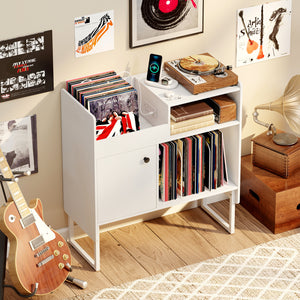 Record Player Stand with Power Outlets and Vinyl Storage Holder up to 250 Albums-White
