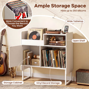 Record Player Stand with Power Outlets and Vinyl Storage Holder up to 250 Albums-White