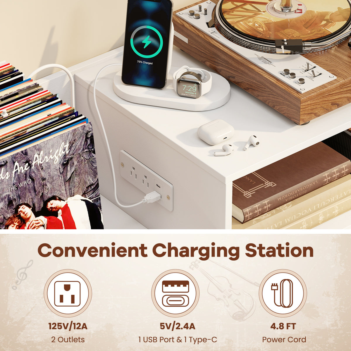Record Player Stand with Power Outlets and Vinyl Storage Holder up to 250 Albums-White