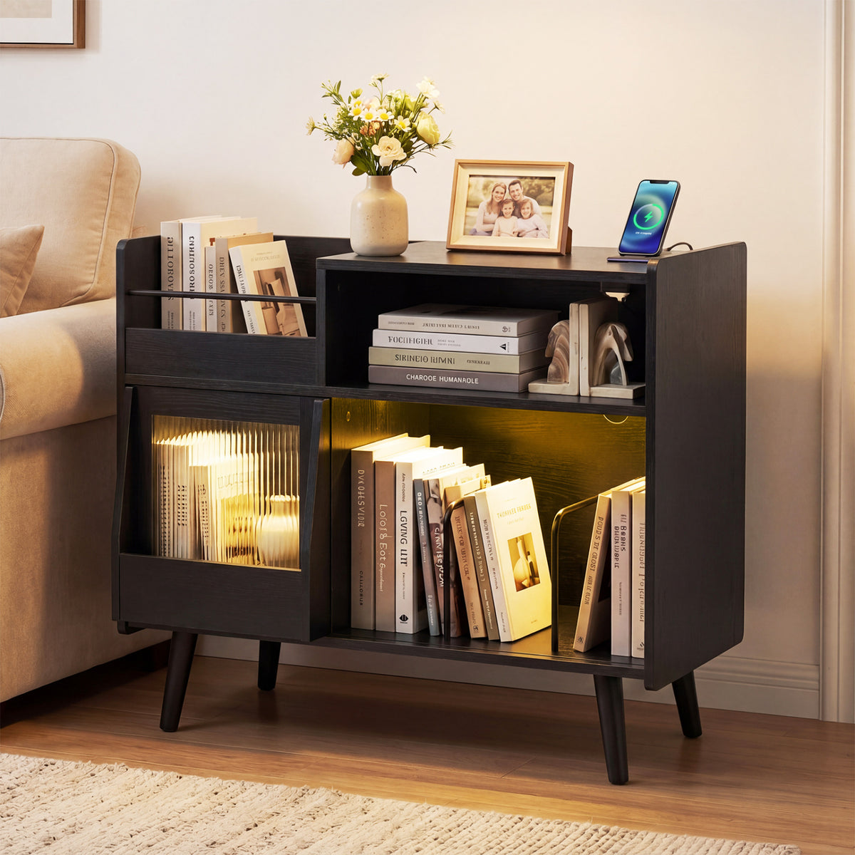 Record Player Stand with LED Light and Power Outlets-Black