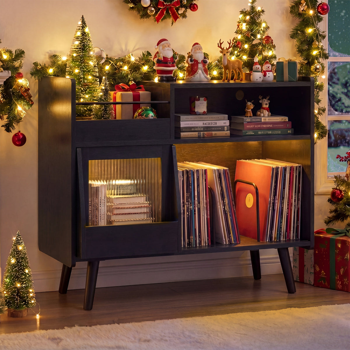 Record Player Stand with LED Light and Power Outlets-Black