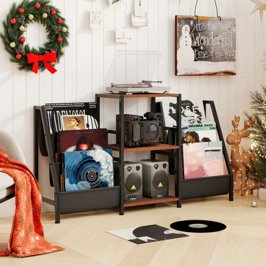 Record Player Stand for up to 200 Albums Turntable Display Stand with 3 Shelves-Rustic Brown