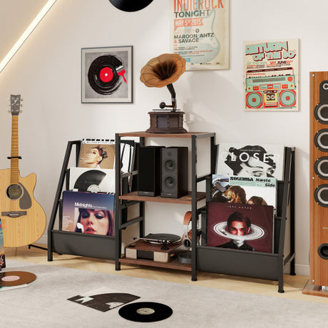 Record Player Stand for up to 200 Albums Turntable Display Stand with 3 Shelves-Rustic Brown