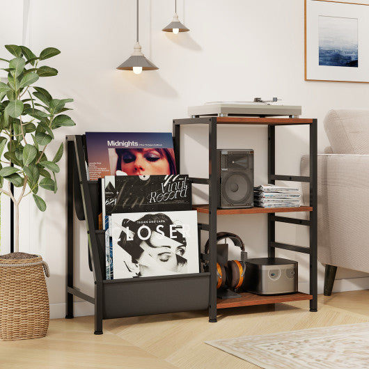 Record Player Stand for up to 200 Albums Turntable Display Stand with 3 Shelves-Rustic Brown