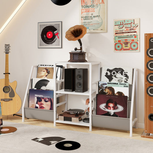 Record Player Stand for up to 200 Albums Turntable Display Stand with 3 Shelves-White