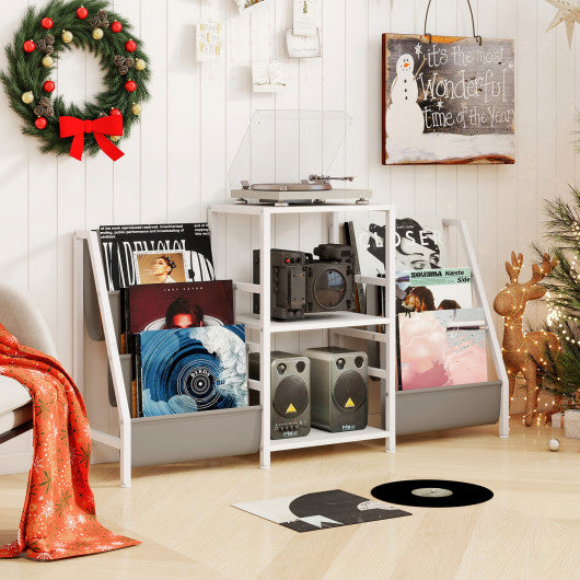 Record Player Stand for up to 200 Albums Turntable Display Stand with 3 Shelves-White