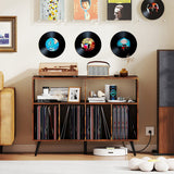 Record Player Stand with Charging Station and Open Shelves-Rustic Brown